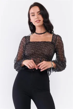 Black Floral Sheer Mesh Balloon Sleeve Criss-Cross Back Detail Smock Crop Top /3-2-1