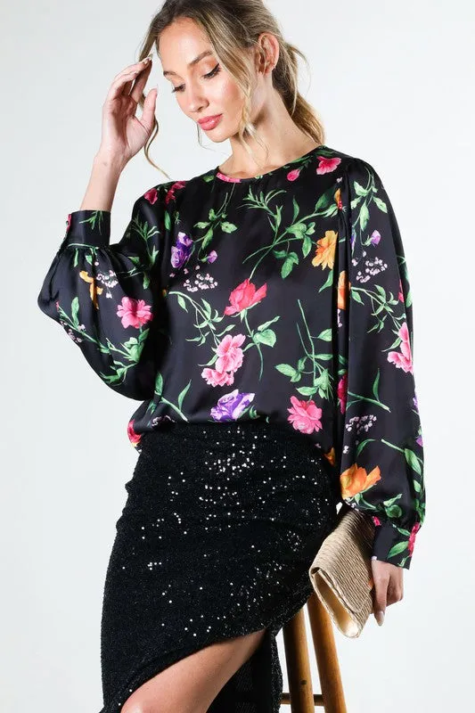 Black Puff Long Sleeve Floral Print Satin Blouse Top