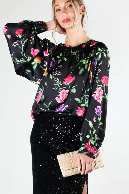 Black Puff Long Sleeve Floral Print Satin Blouse Top