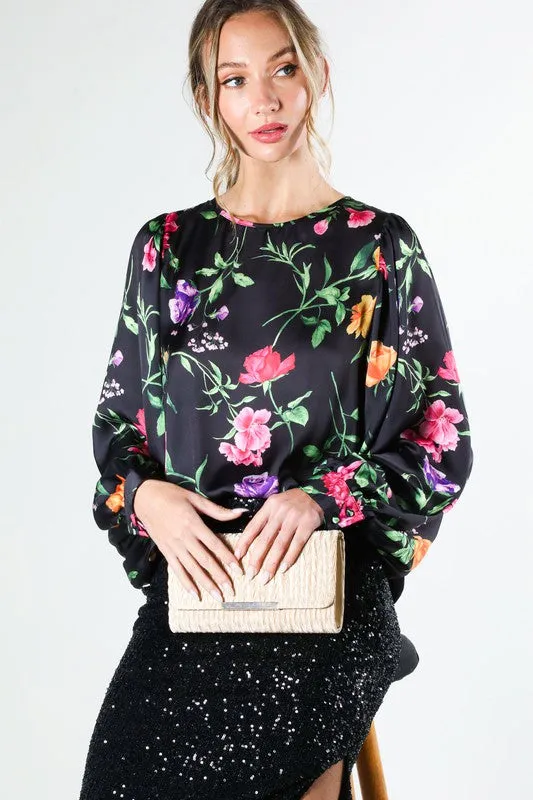 Black Puff Long Sleeve Floral Print Satin Blouse Top