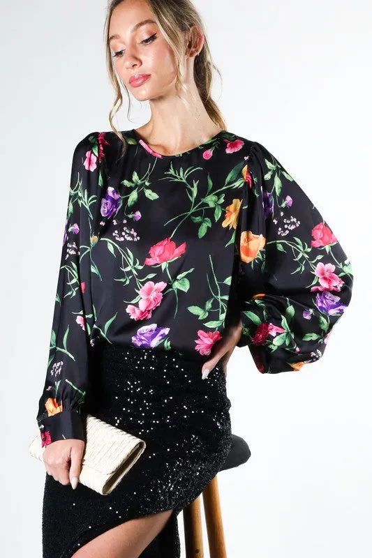 Black Puff Long Sleeve Floral Print Satin Blouse Top