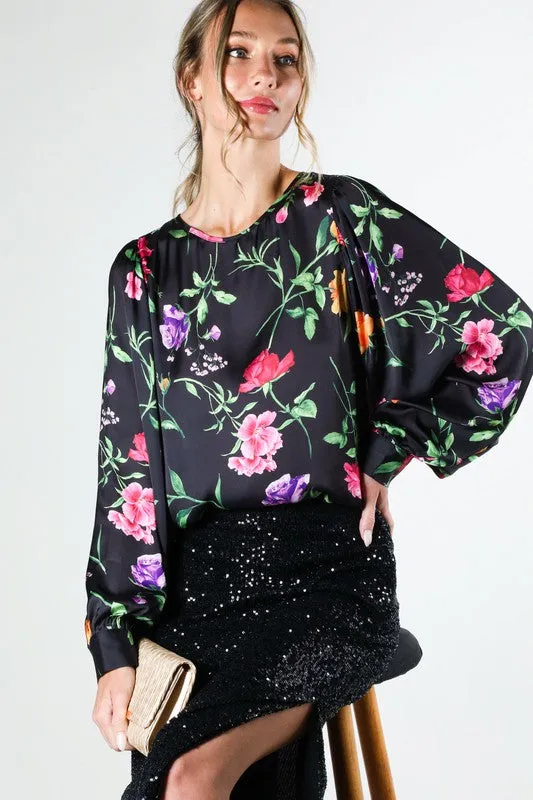 Black Puff Long Sleeve Floral Print Satin Blouse Top