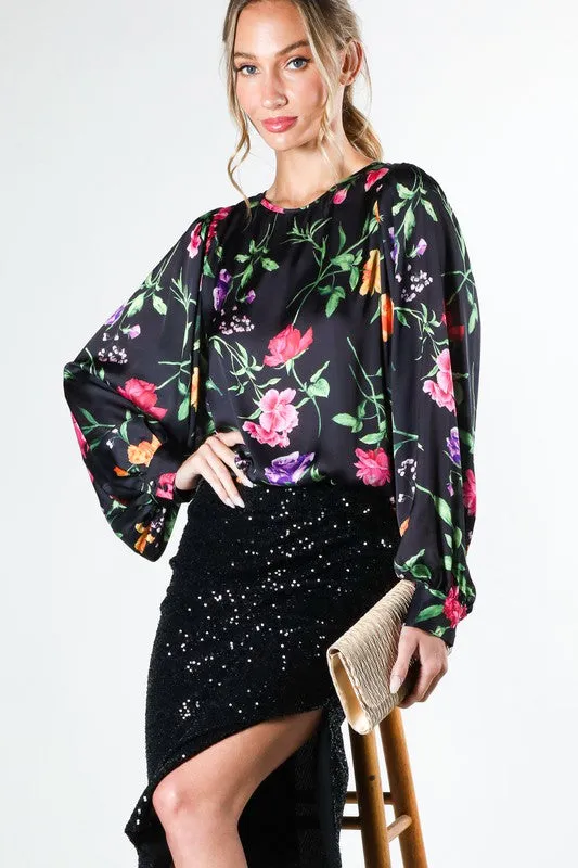 Black Puff Long Sleeve Floral Print Satin Blouse Top