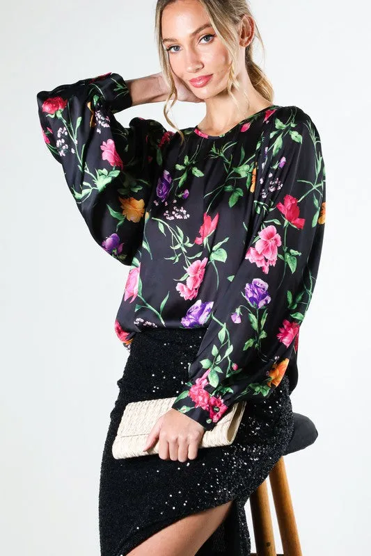 Black Puff Long Sleeve Floral Print Satin Blouse Top