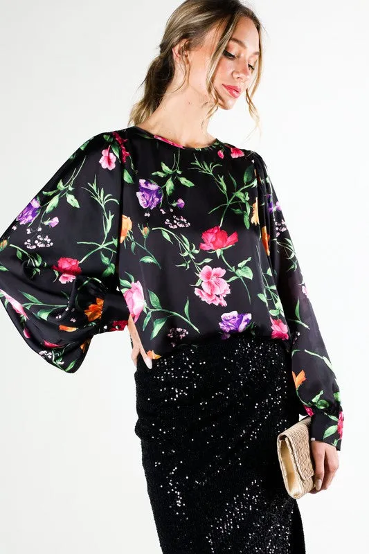 Black Puff Long Sleeve Floral Print Satin Blouse Top