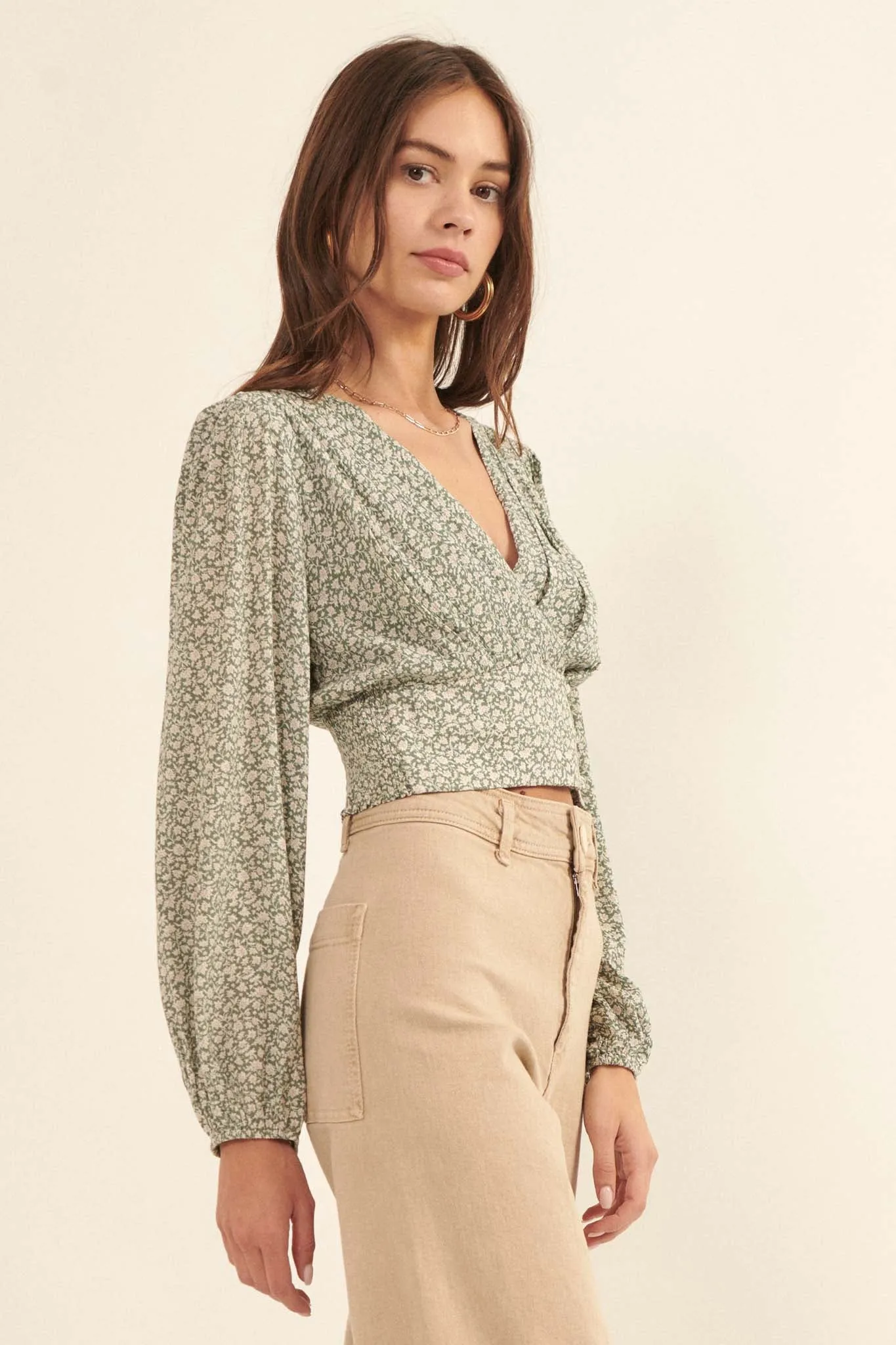 Bloom Me Away Cropped Floral Surplice Wrap Top