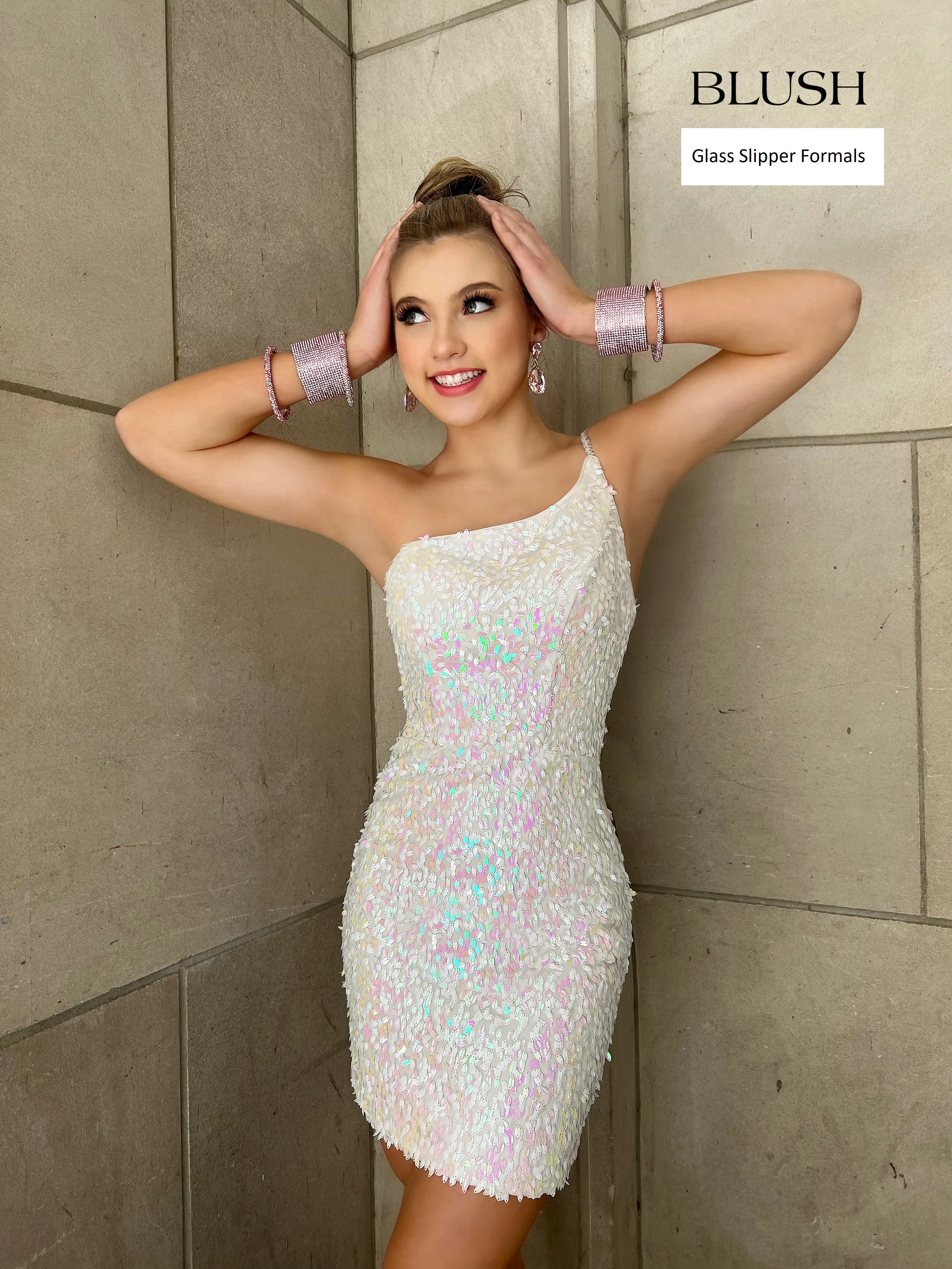 Blush Prom 20410 Size 2 Short Fitted One Shoulder Cocktail Dress Sequins Backless Formal