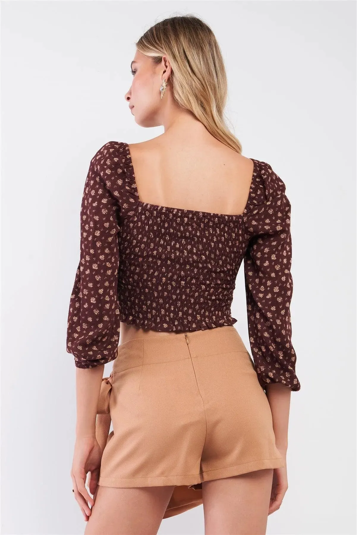 Brown & Taupe Floral Print V-Neck 3/4 Balloon Sleeve Smocked Cropped Top /3-2-1