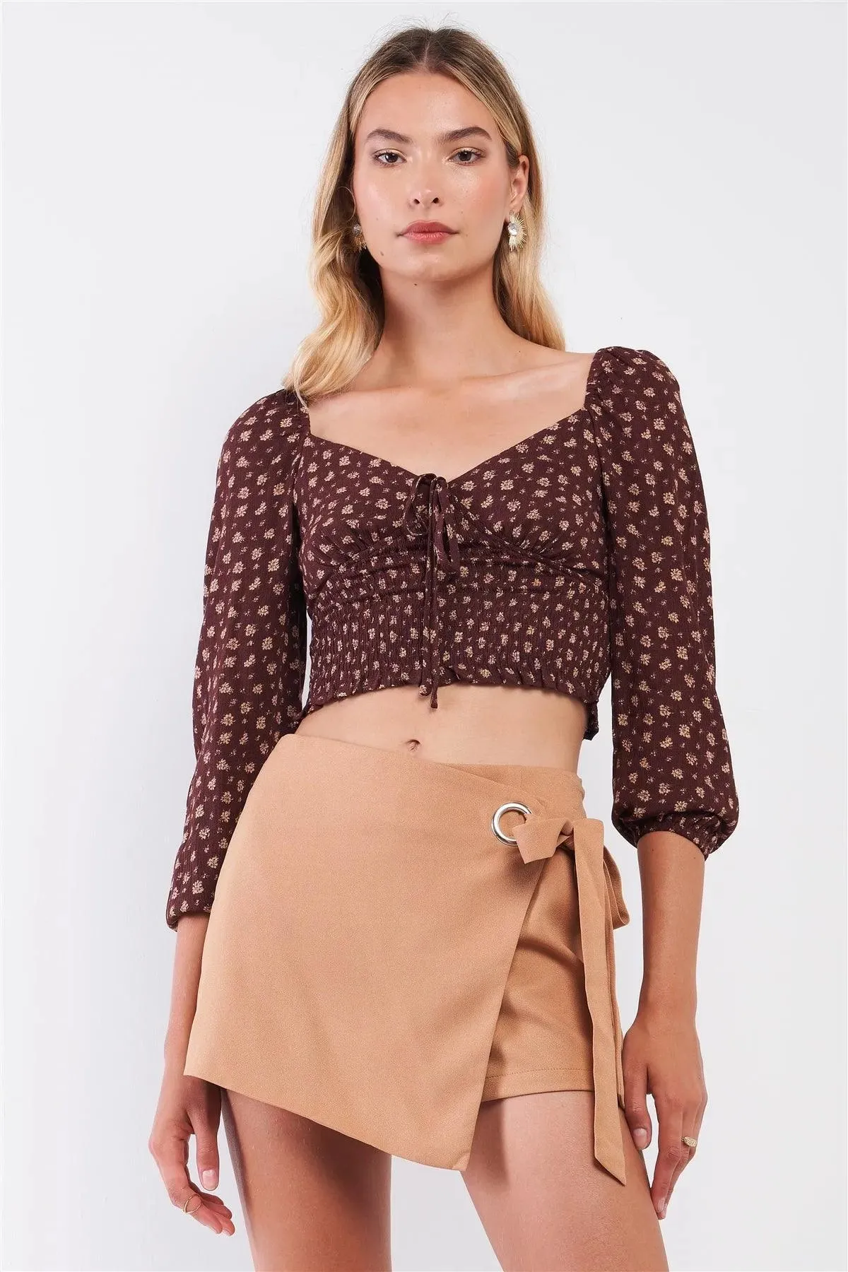 Brown & Taupe Floral Print V-Neck 3/4 Balloon Sleeve Smocked Cropped Top /3-2-1