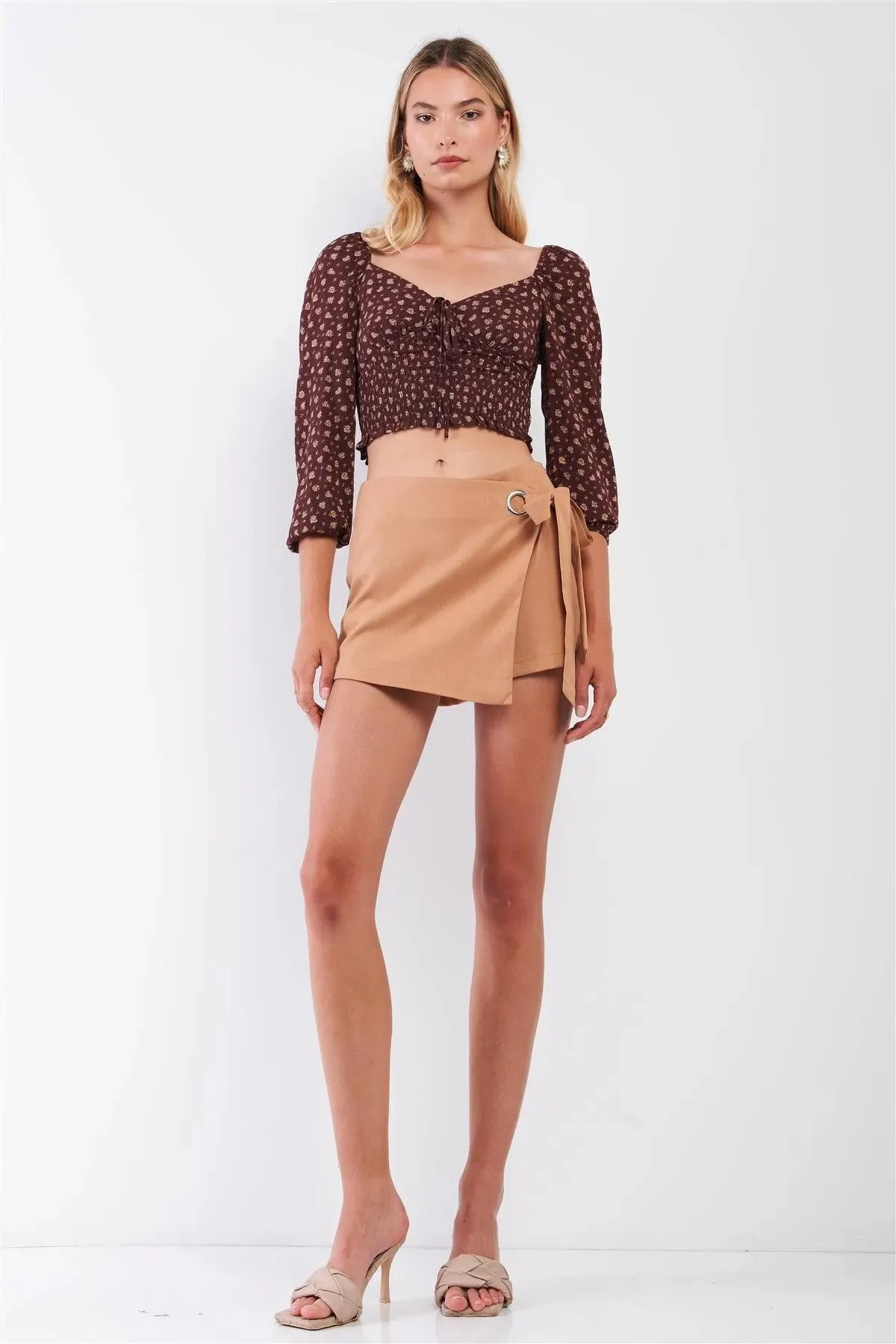 Brown & Taupe Floral Print V-Neck 3/4 Balloon Sleeve Smocked Cropped Top /3-2-1