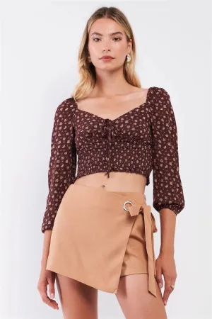Brown & Taupe Floral Print V-Neck 3/4 Balloon Sleeve Smocked Cropped Top /3-2-1