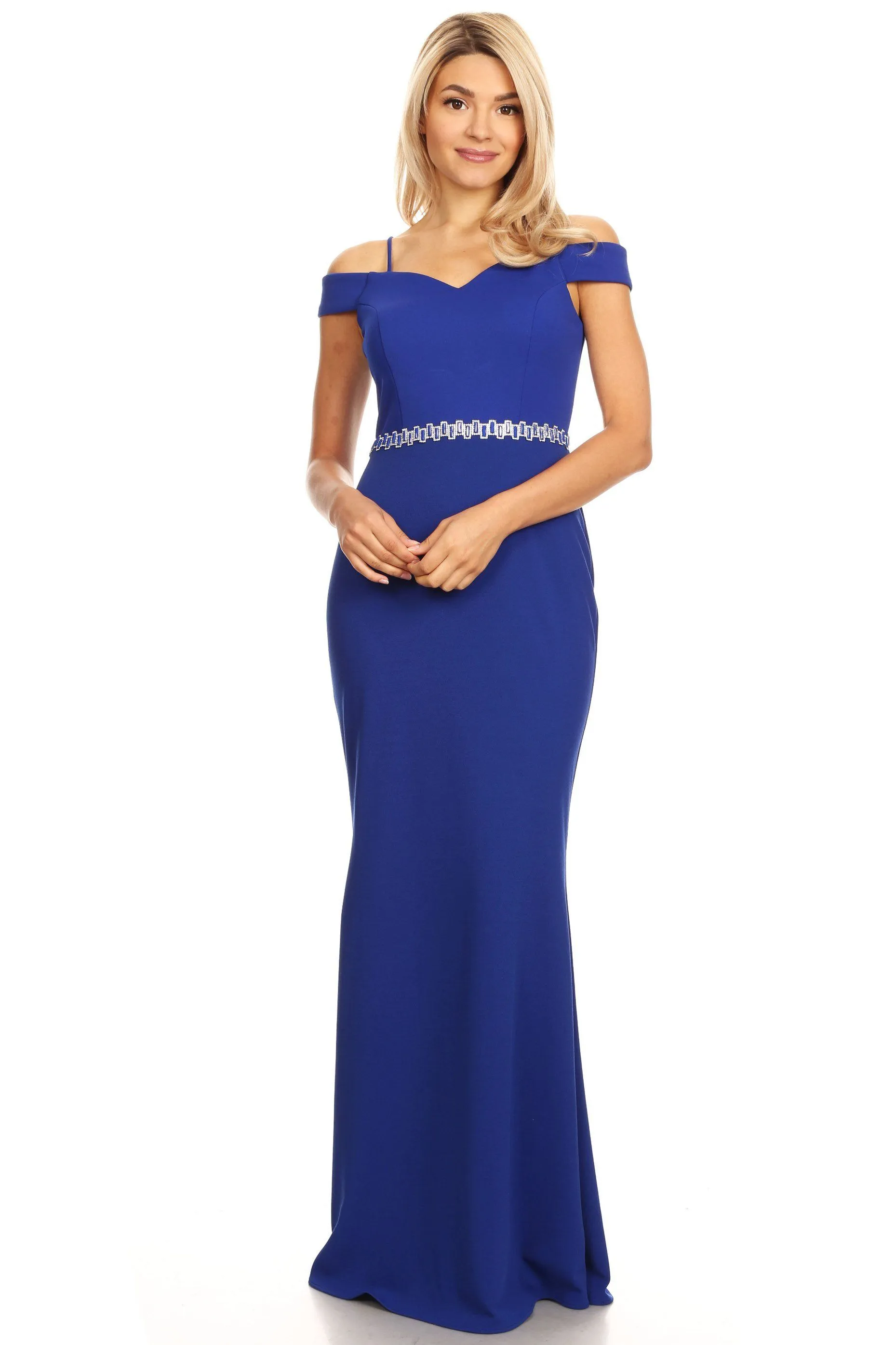 Cold Shoulder Long Mermaid Dress with Jeweled Waistband by Celavie 6395