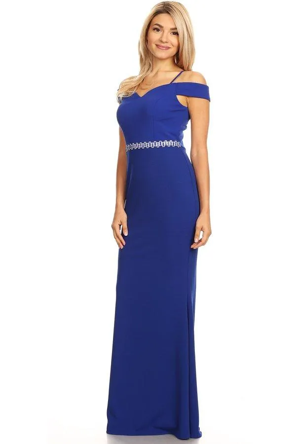 Cold Shoulder Long Mermaid Dress with Jeweled Waistband by Celavie 6395