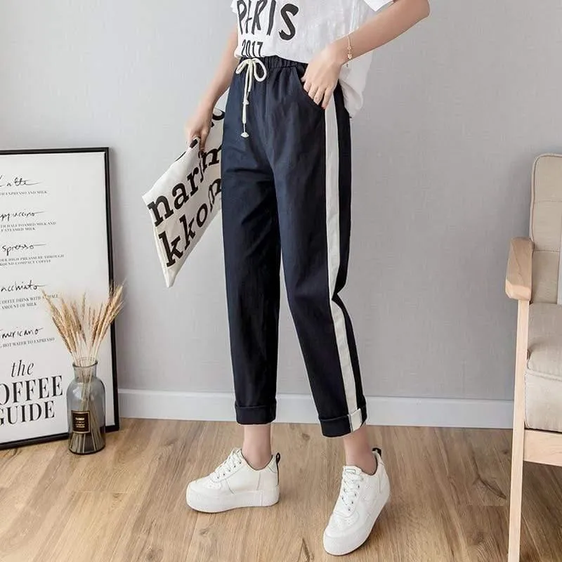 Cotton Linen Ankle Length Striped Pants