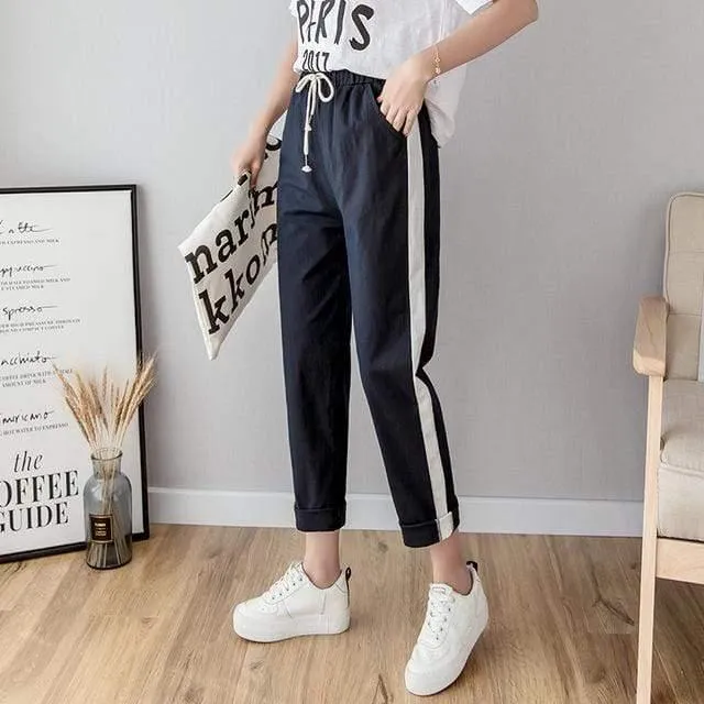 Cotton Linen Ankle Length Striped Pants