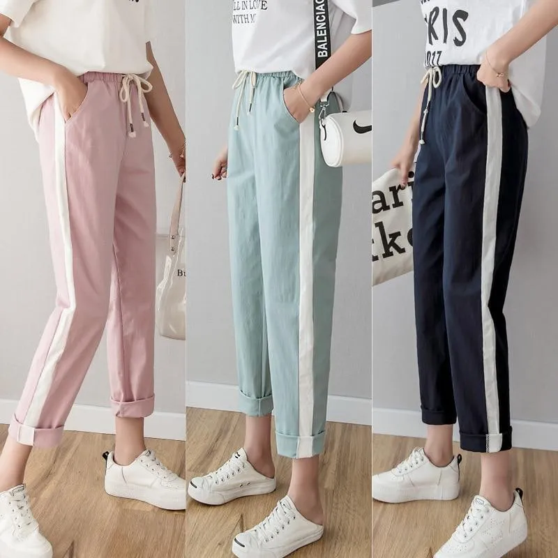 Cotton Linen Ankle Length Striped Pants