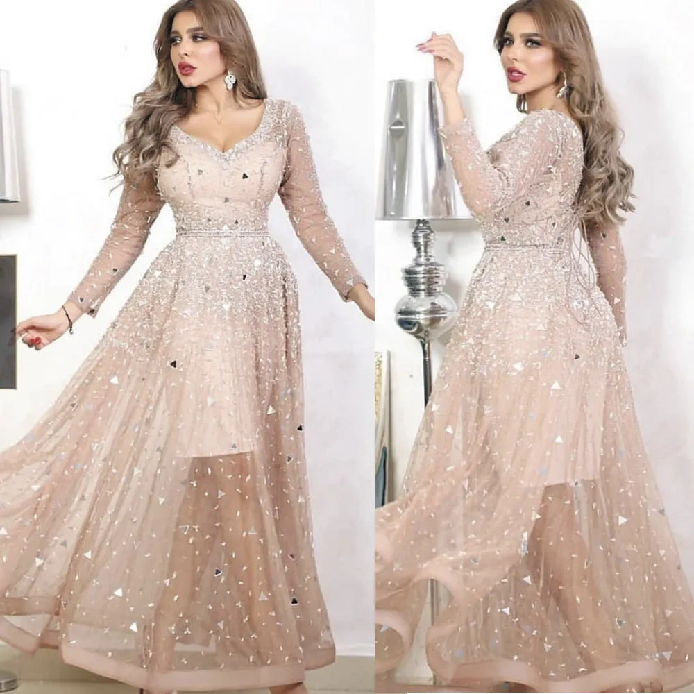 crystal prom dresses long sleeve champagne beaded luxury elegant arabic prom gown vestido Longo