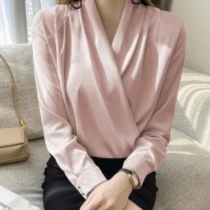Elegant Business Satin V-Neck Long Sleeve Top - All-match Style