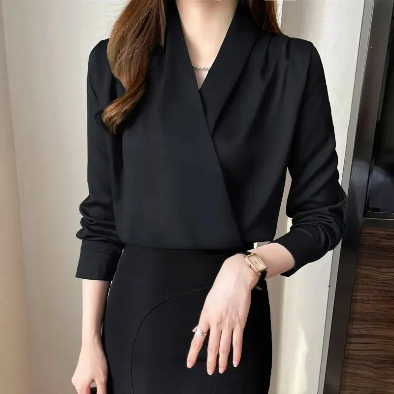 Elegant Business Satin V-Neck Long Sleeve Top - All-match Style
