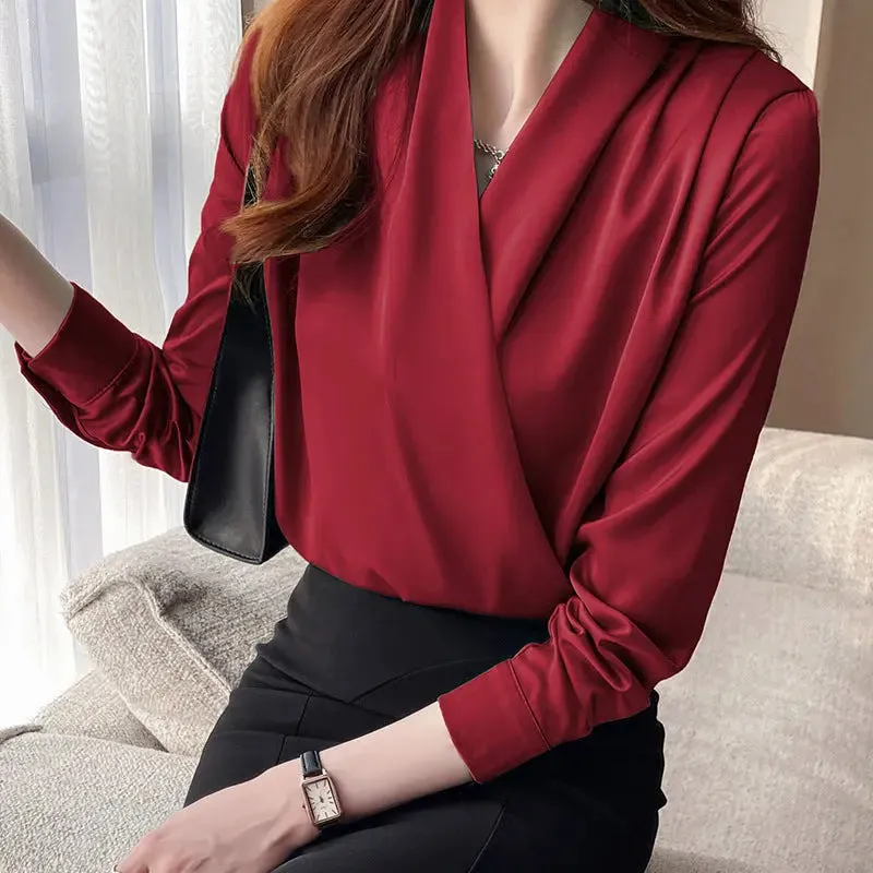 Elegant Business Satin V-Neck Long Sleeve Top - All-match Style