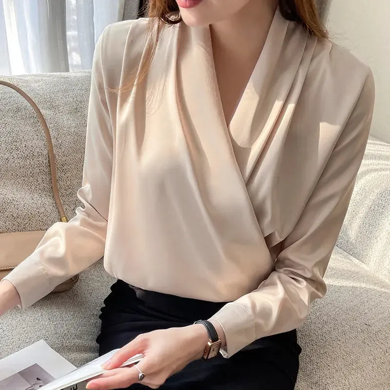 Elegant Business Satin V-Neck Long Sleeve Top - All-match Style