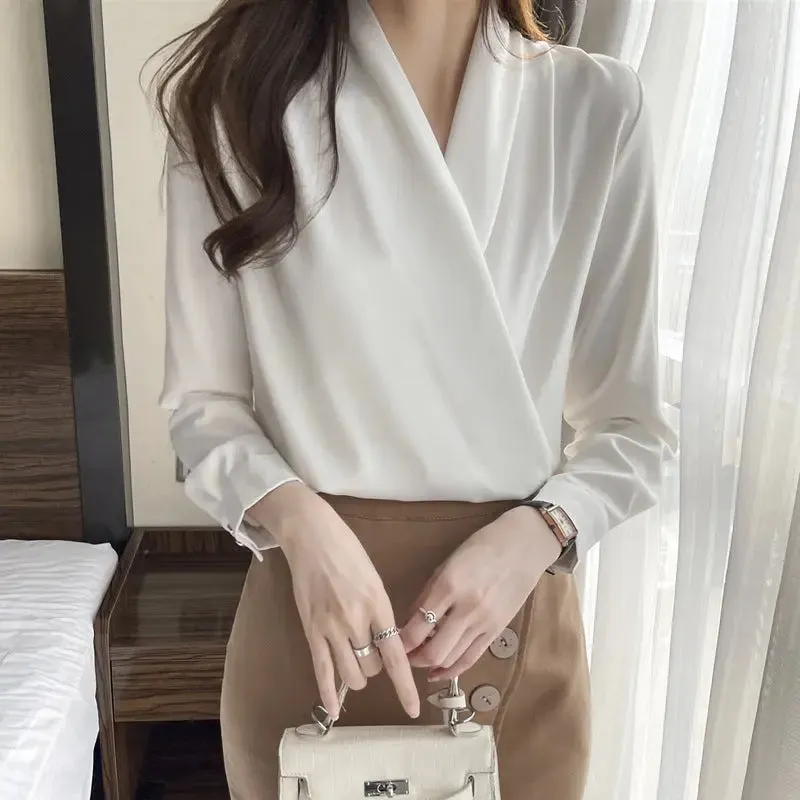 Elegant Business Satin V-Neck Long Sleeve Top - All-match Style