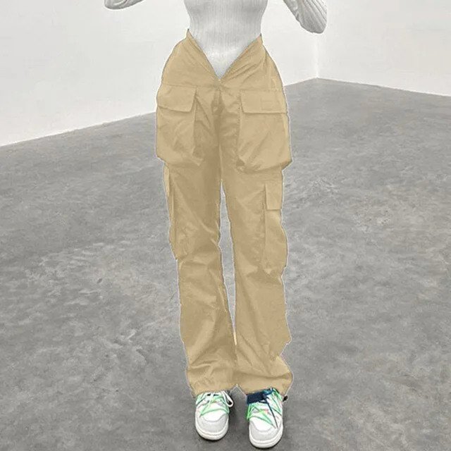 FashionSierra - Vintage Big Pocket Cargo Pants Women Soild Baggy Casual Sports Elastic High Waist Pants Overalls Cargo Pants Streetwear Trousers