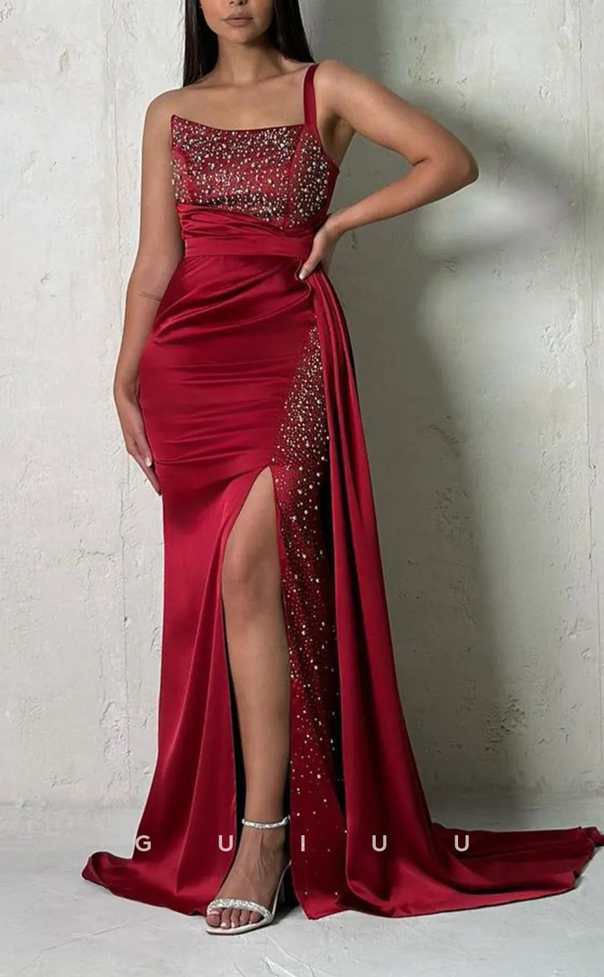 G3436 - Sexy& Hot Mermaid One Shoulder Beaded High Side Slit Sweep Train Draped Long Party Gown Prom Dress