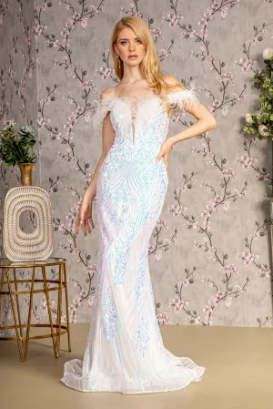 GLS BY GLORIA GL3284 Feather Embellished Off-Shoulder Prom Gown