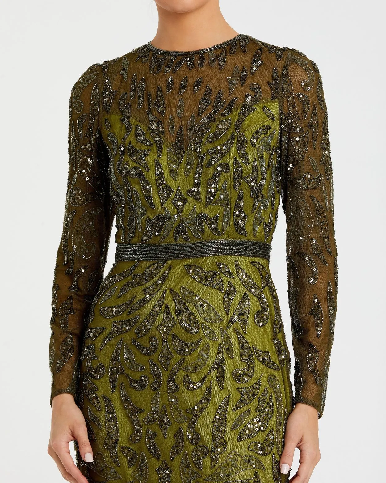 Green Beaded Long Sleeve Evening Gown