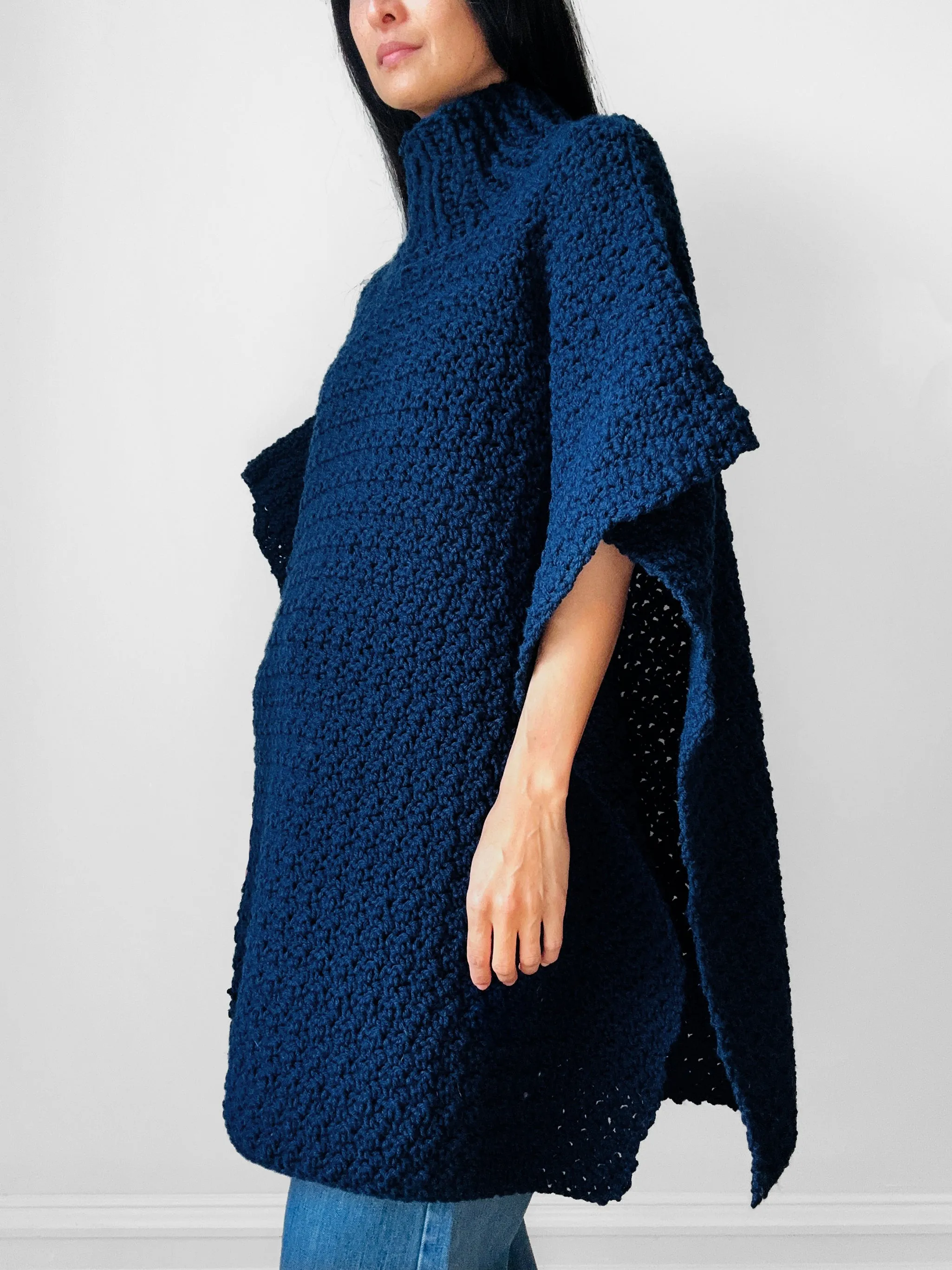 Handknit Oversized High Neck Indigo Blue Poncho Sweater - Sz. O/S