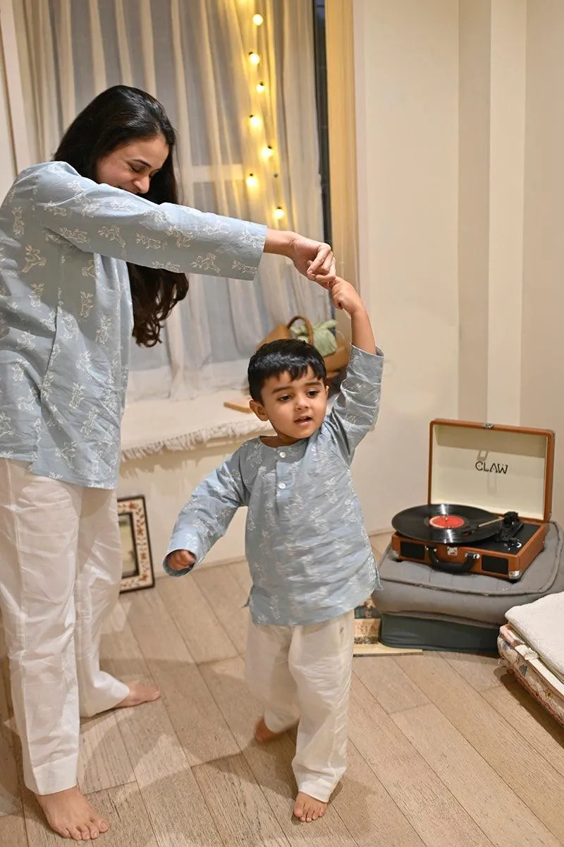 ‘I want to be like grandpa’ kurta pajama set in powder blue reindeers hand block print