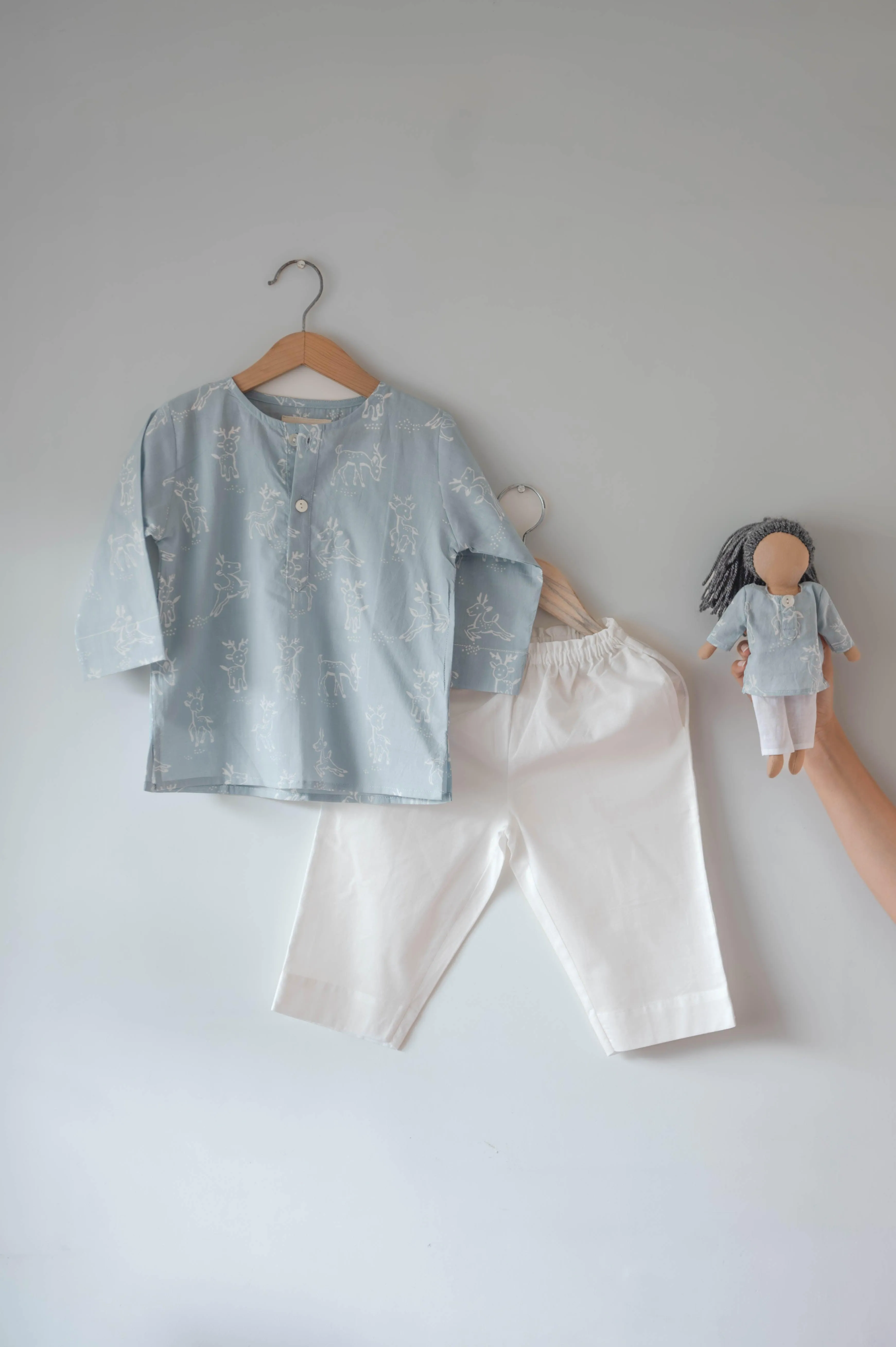 ‘I want to be like grandpa’ kurta pajama set in powder blue reindeers hand block print