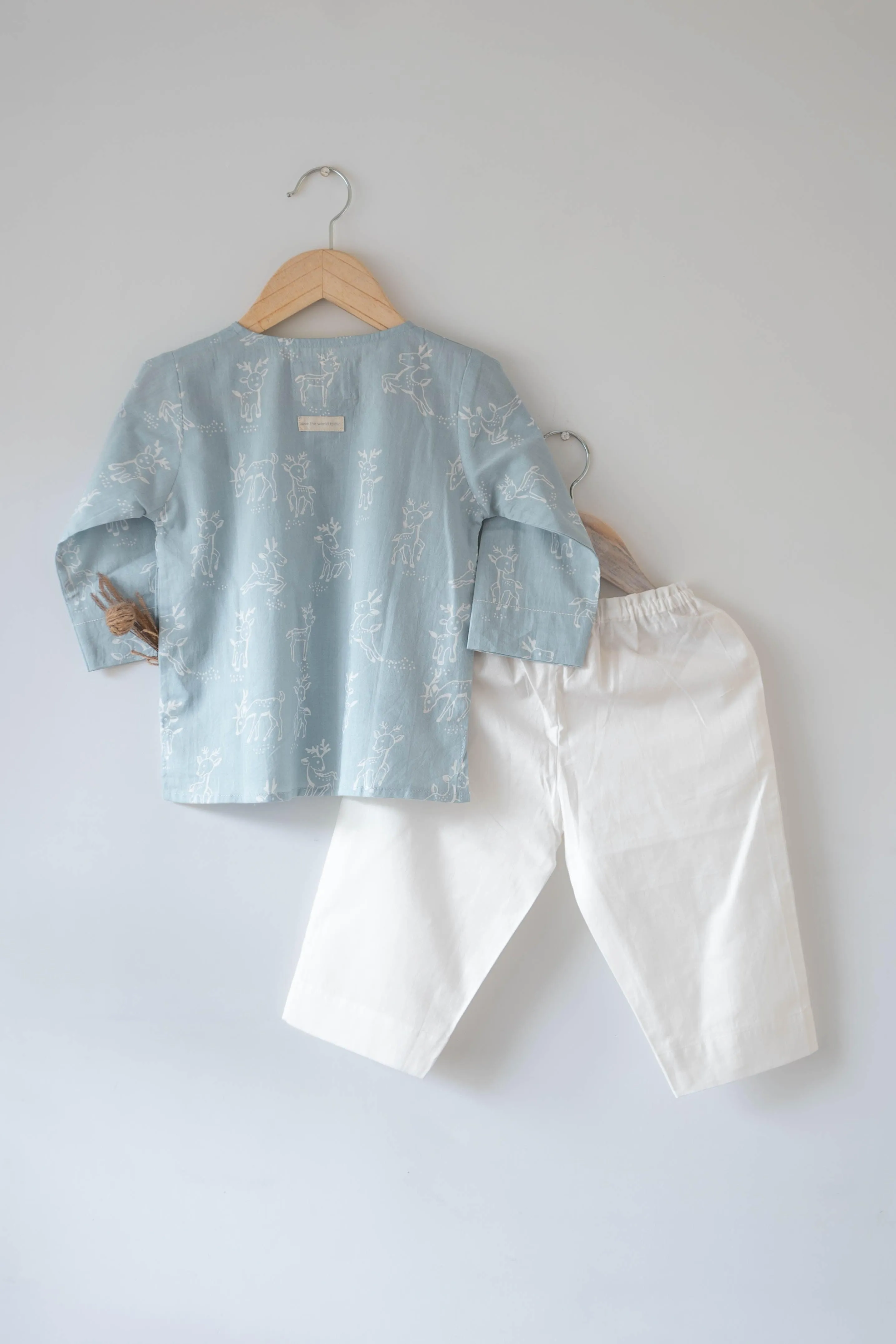 ‘I want to be like grandpa’ kurta pajama set in powder blue reindeers hand block print