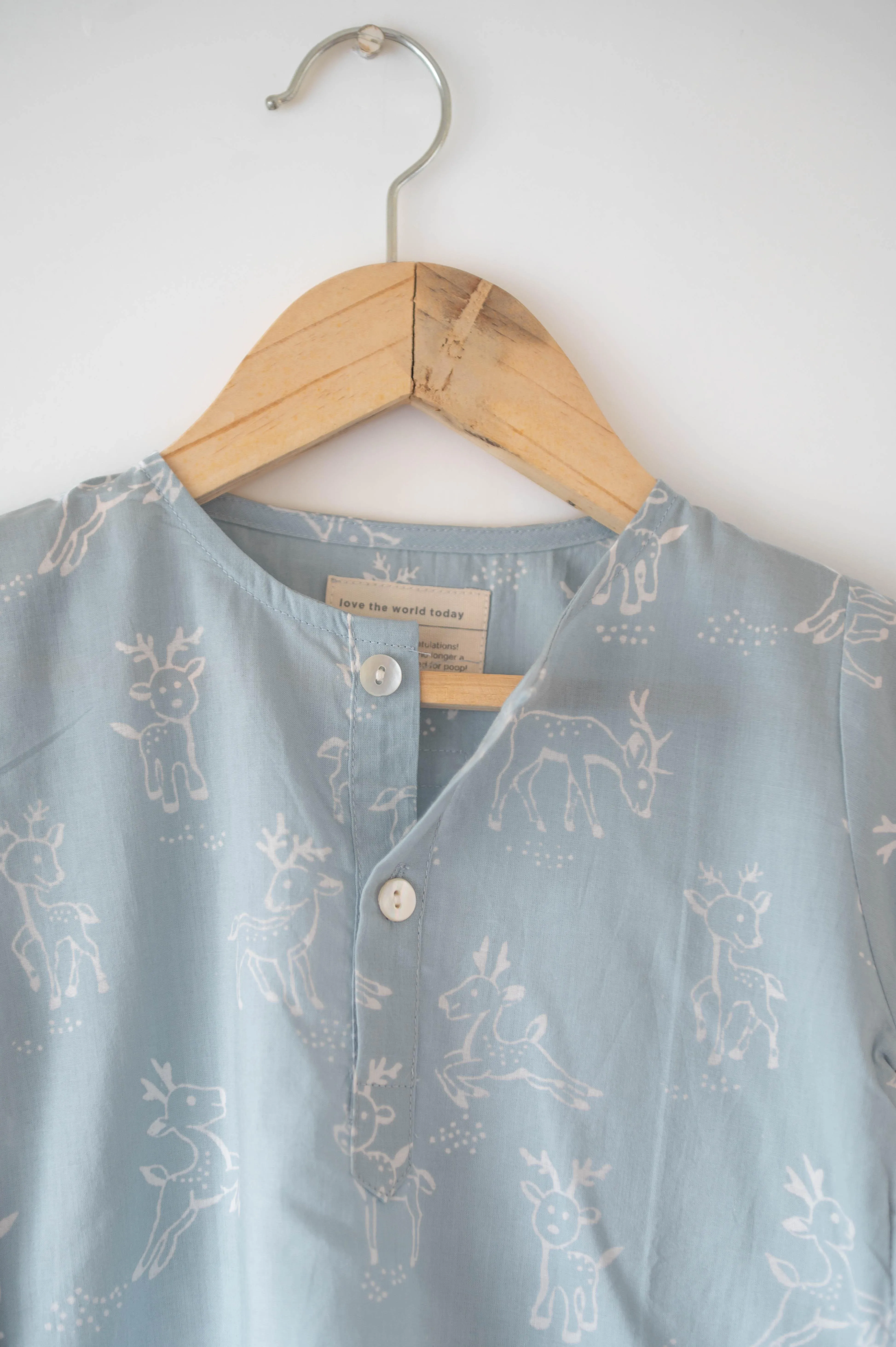 ‘I want to be like grandpa’ kurta pajama set in powder blue reindeers hand block print
