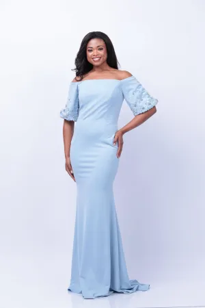 Jovani Off the Shoulder Short Sleeve Evening Gown in Light Blue