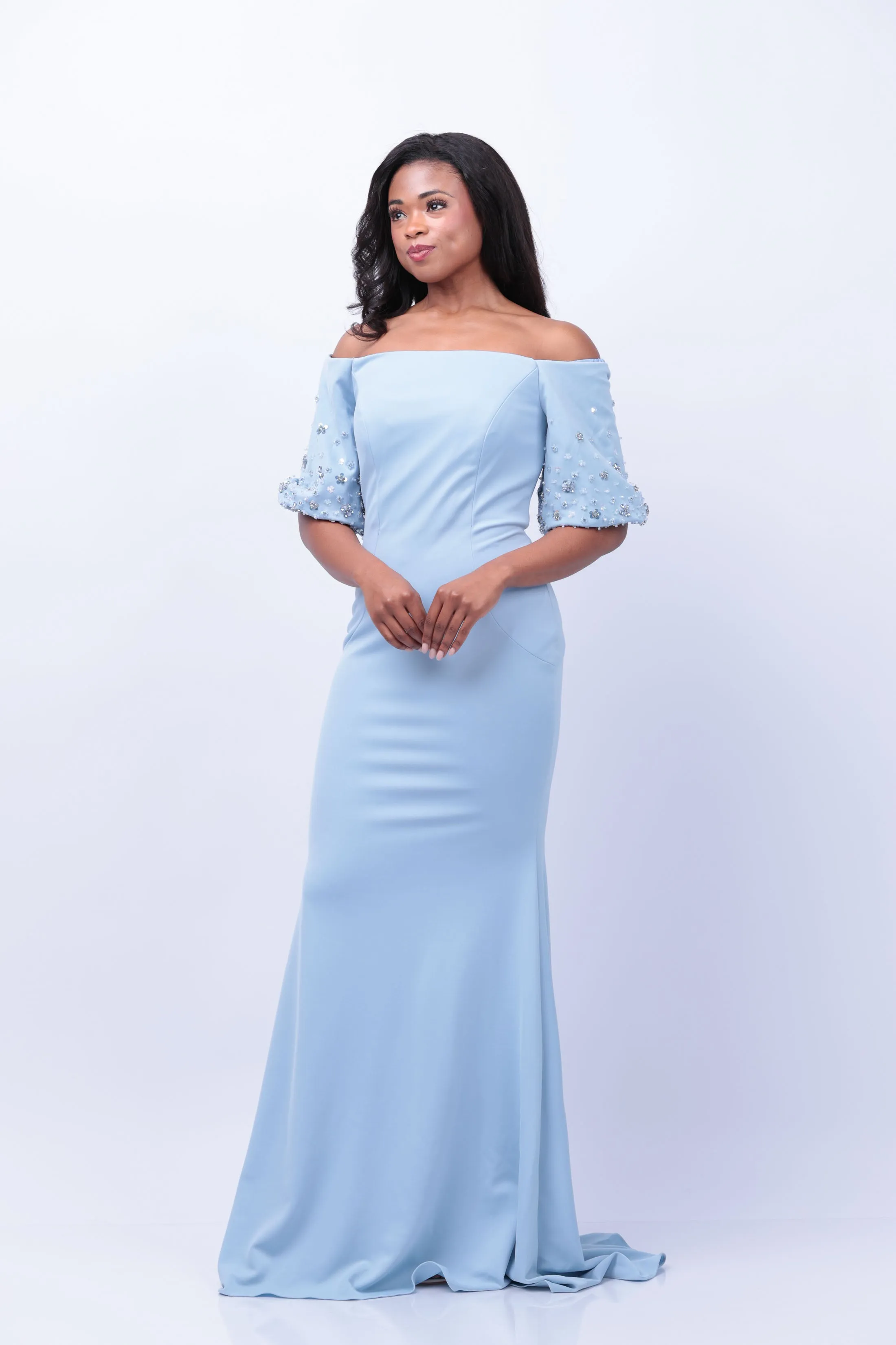 Jovani Off the Shoulder Short Sleeve Evening Gown in Light Blue
