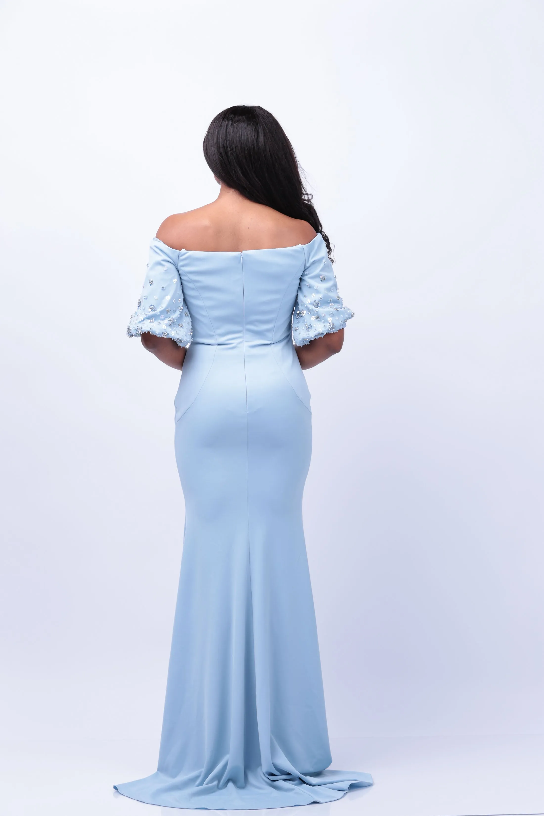 Jovani Off the Shoulder Short Sleeve Evening Gown in Light Blue