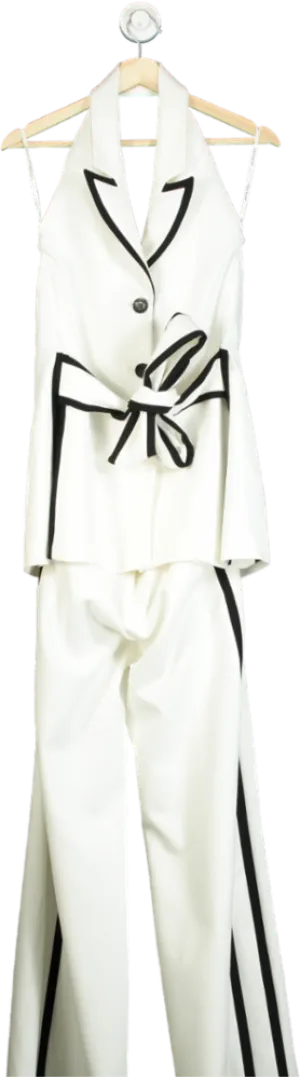 Karen Millen Ivory Compact Stretch Contrast Tipped Belted Wide Leg Tailored Jumpsuit UK 10