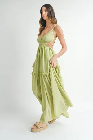 KESLEY Green Cutout Waist Backless Maxi Dress Open Back Casual Long Summer Dress