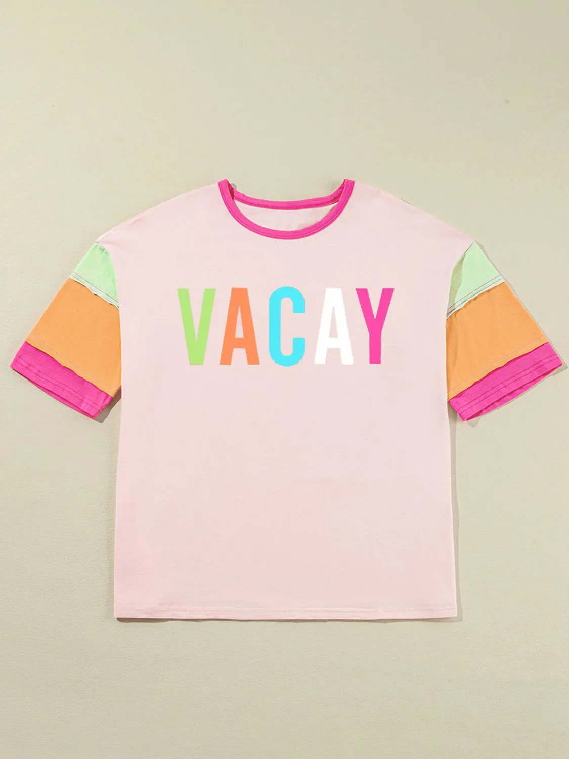 Letter Graphic Color Block Round Neck Half Sleeve T-Shirt