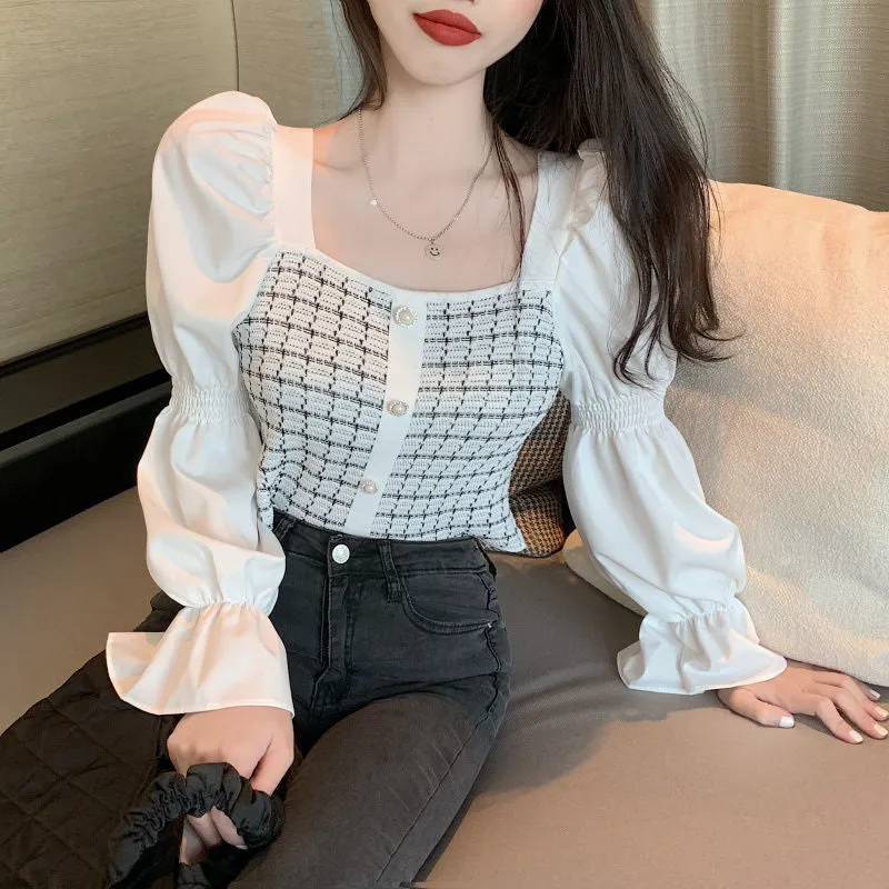 Long Sleeve Stitching Square Collar Blouse Shirt