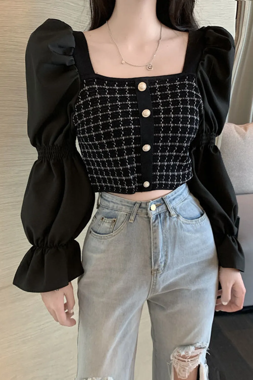 Long Sleeve Stitching Square Collar Blouse Shirt