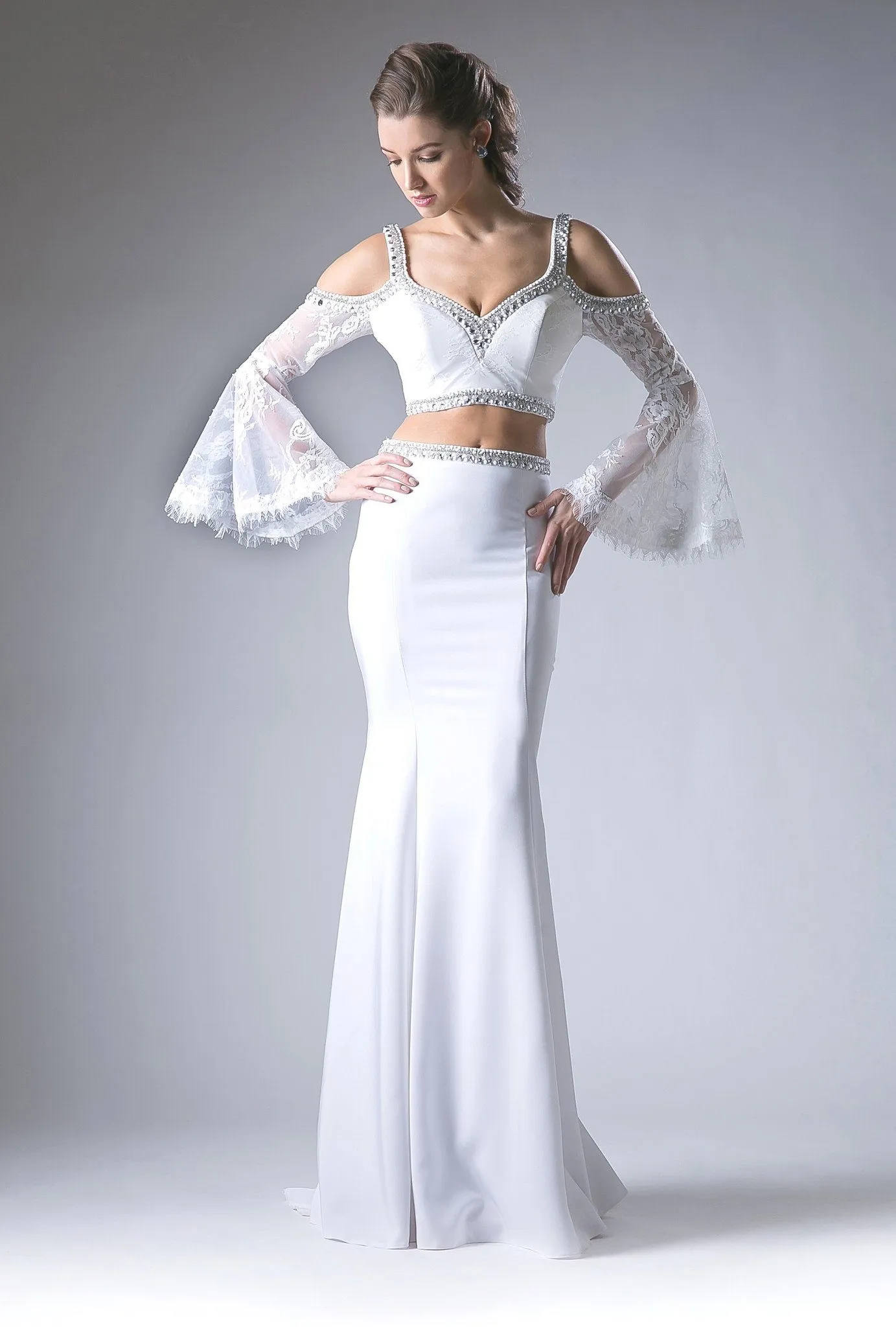 Long Two Piece Bell Sleeve Dress by Cinderella Divine 13114