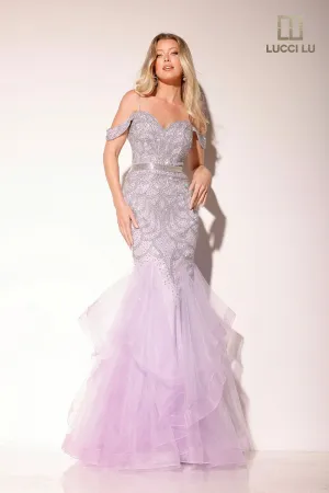 Lucci Lu 2147 Long Fitted Beaded Mermaid Ruffle Layer Prom Dress off Shoulder Pageant Gown