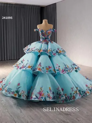 luxury Off-the-Shoulder Blue Quinceanera Dresses Embroidery Ball Gown Quinceañera Gown 241095