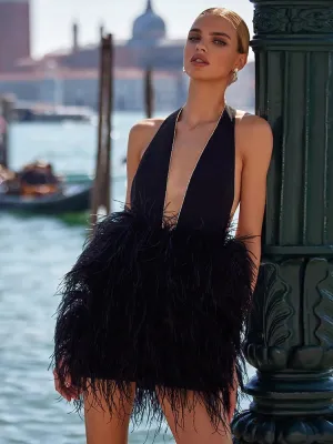 Luxury Sexy Deep V Neck Backless Feather Crystal Black Dress
