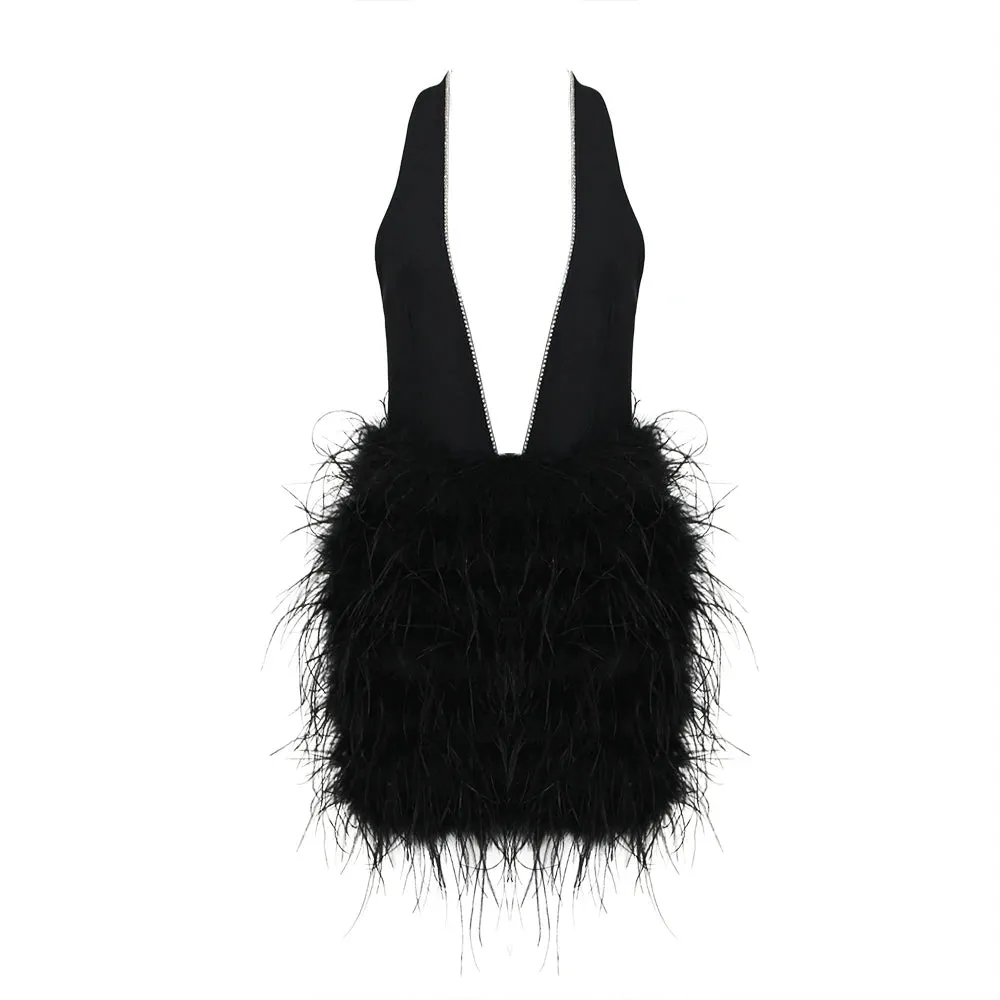 Luxury Sexy Deep V Neck Backless Feather Crystal Black Dress