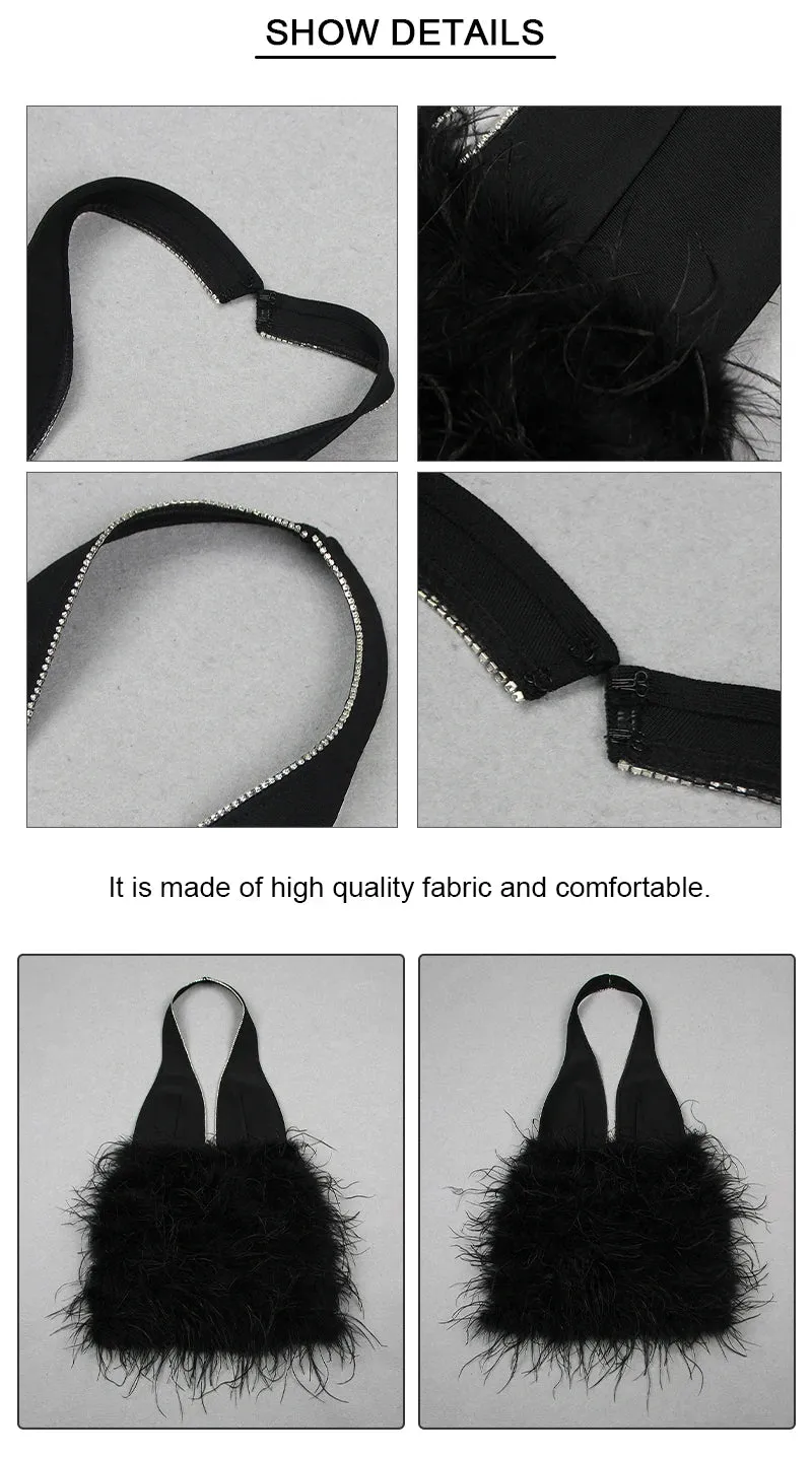 Luxury Sexy Deep V Neck Backless Feather Crystal Black Dress