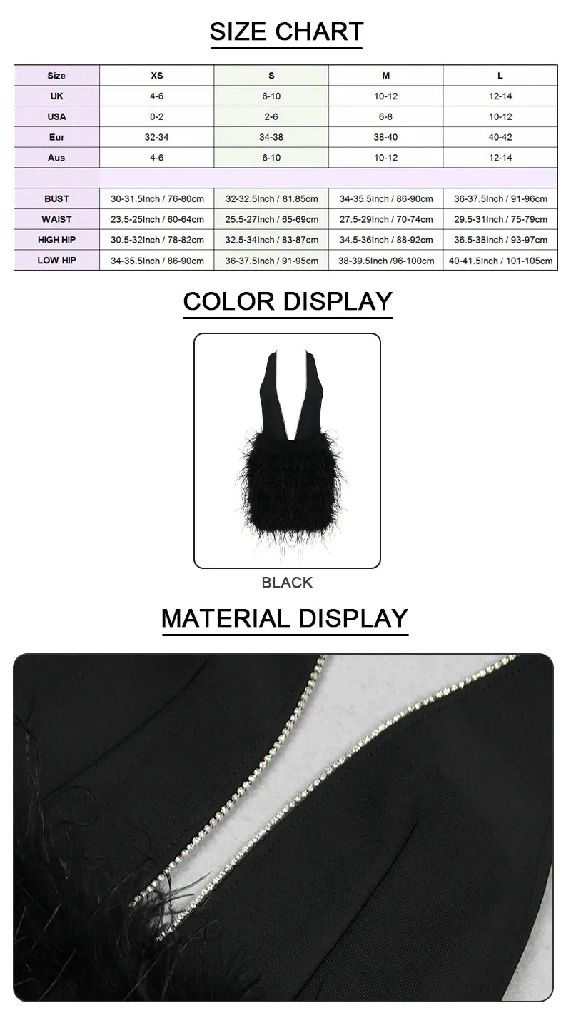 Luxury Sexy Deep V Neck Backless Feather Crystal Black Dress